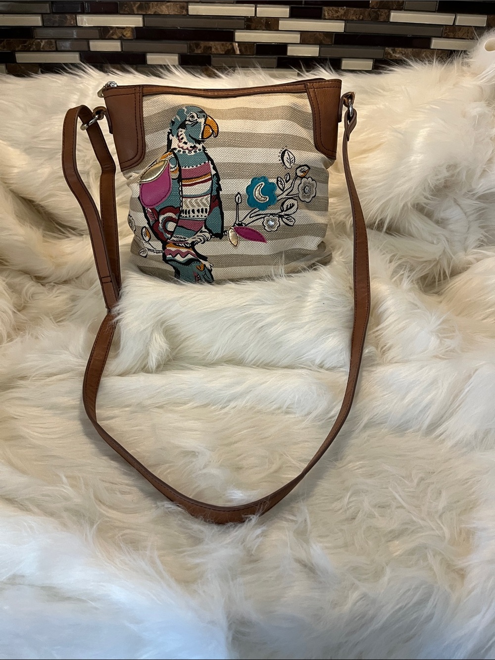 Relic Canvas Striped Crossbody with Colorful Parrot Embroidery